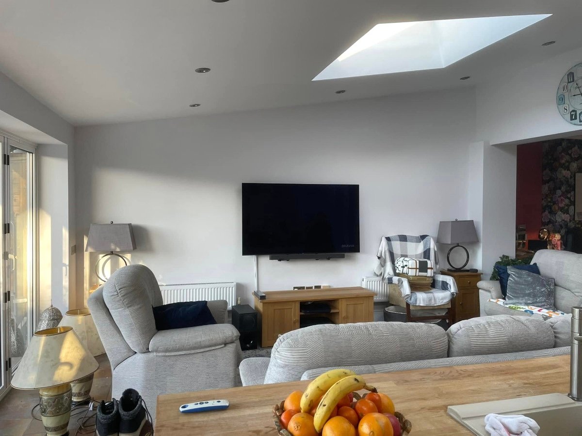 Living room with grey painted walls and skylight, interior painting in Blackwood by Orchid Decor