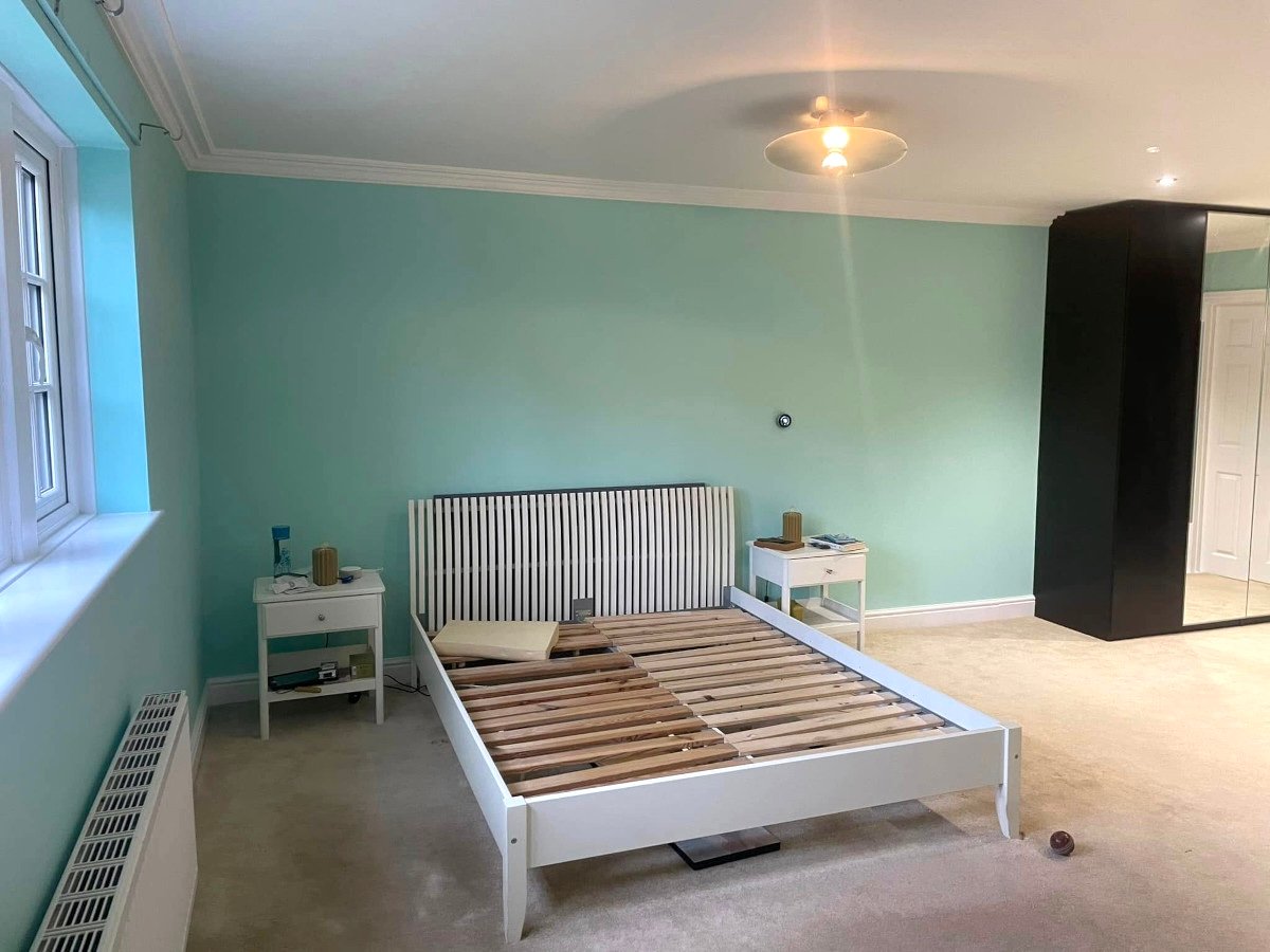 master bedroom aqua painted walls bed frame wardrobe newport orchid decor